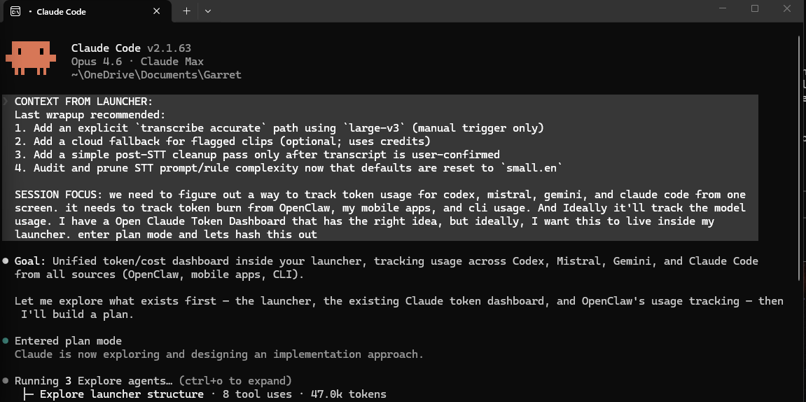Claude Code receiving the warm-start context block — last wrapup recommendations and session focus pre-loaded