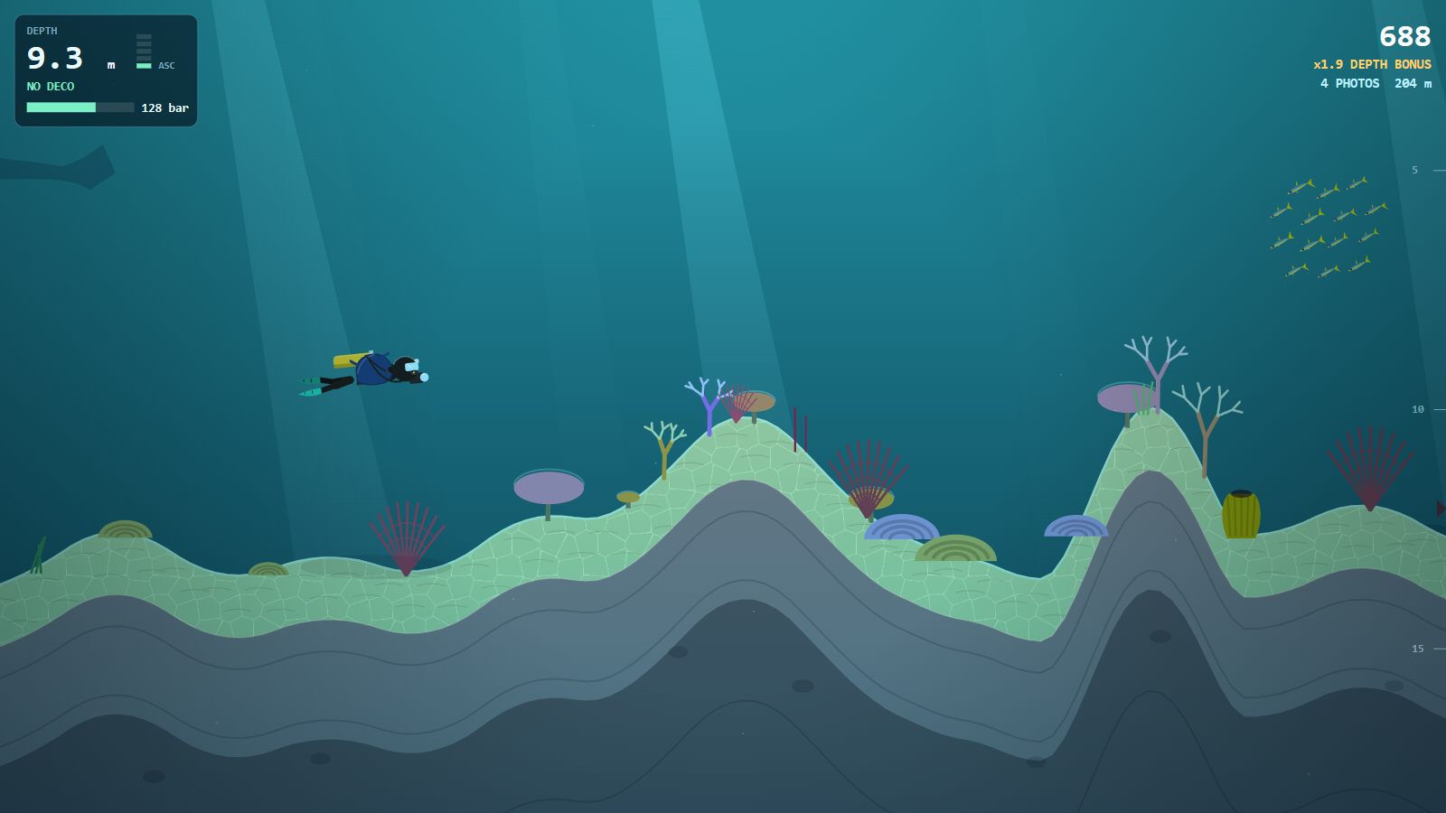 A scuba diver at 9.3 metres finning over coral mounds with sea fans, table corals and a barrel sponge, sun rays from above, a school of fish in the distance and the dive computer readout in the corner