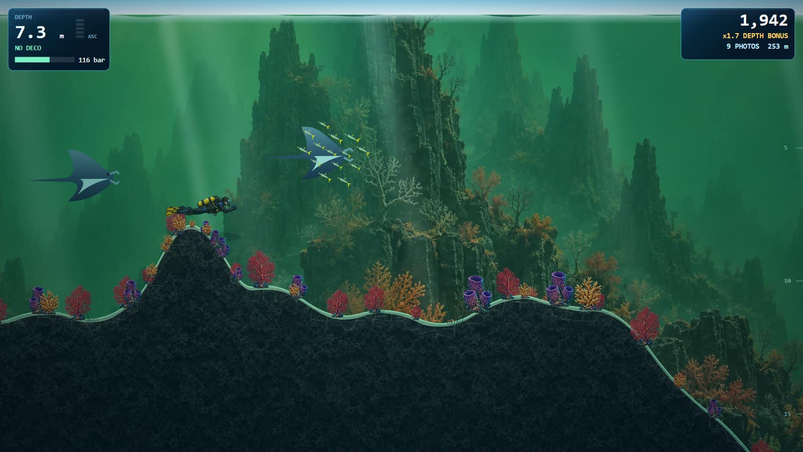 A diver at 8 metres over a shallow rubble reef while two manta rays circle overhead at a cleaning station