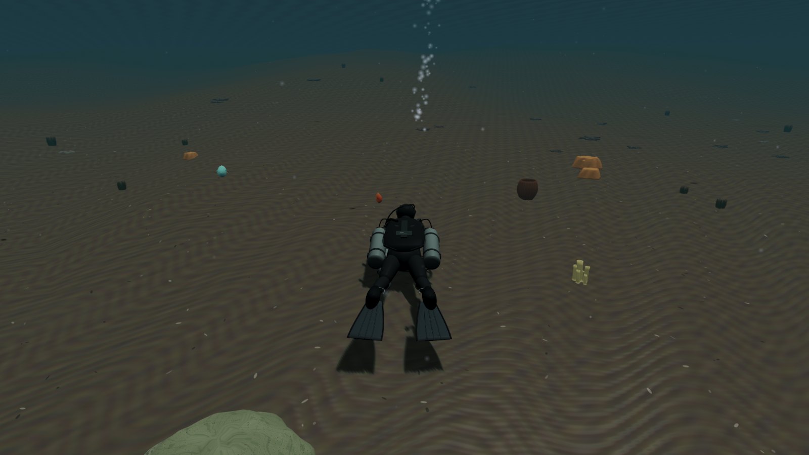 Third-person view of a sidemount diver finning over a rippled sand slope, exhaust bubbles rising toward the surface