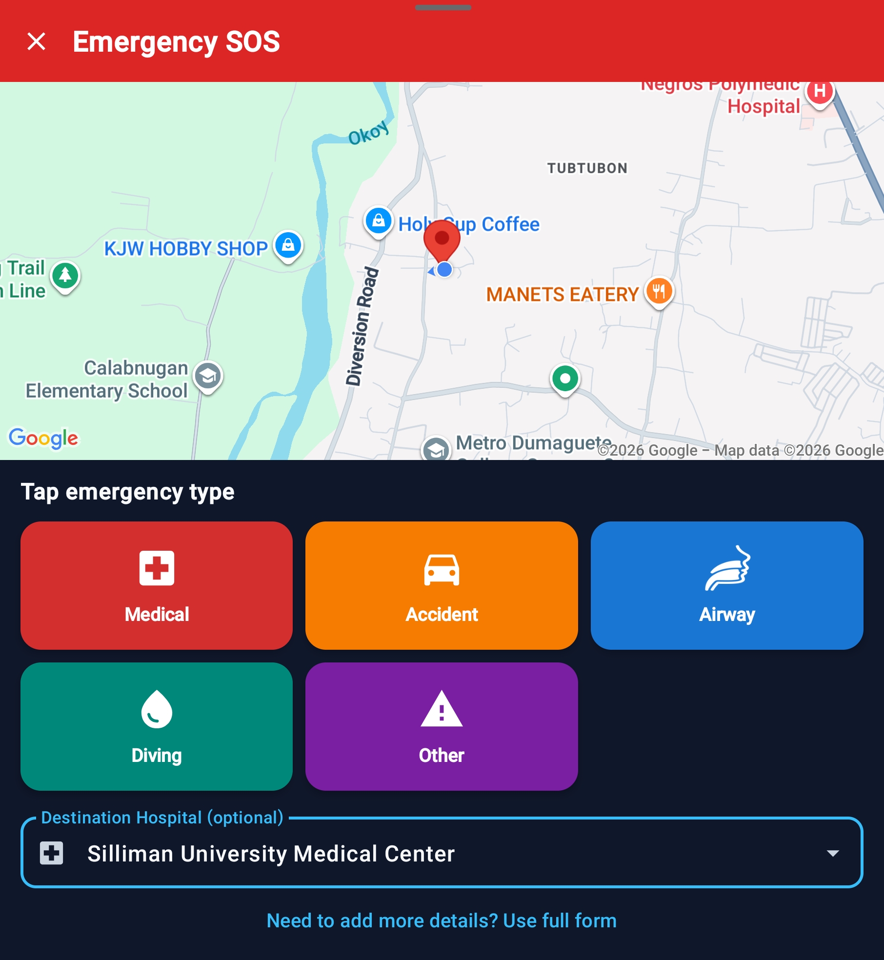 Emergency SOS request screen with type selection
