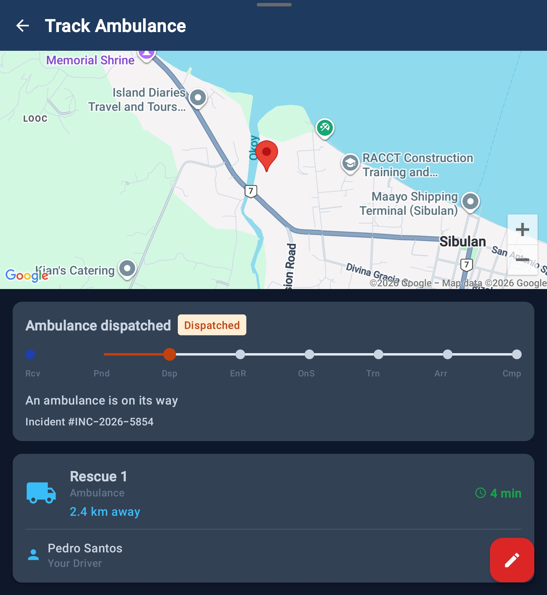 Ambulance tracking screen showing dispatch status and ETA