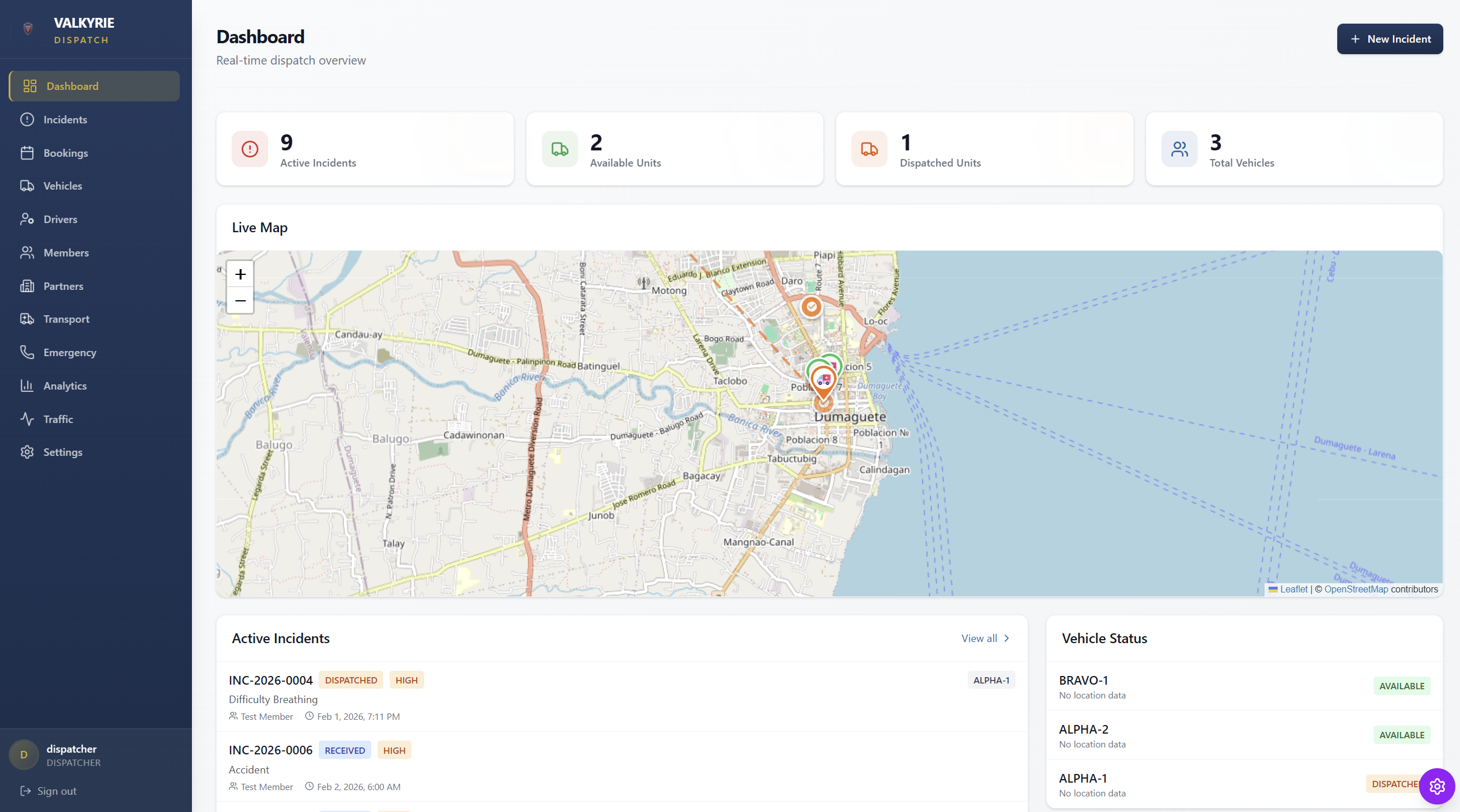 Dispatch dashboard with live map, active incidents, and vehicle status