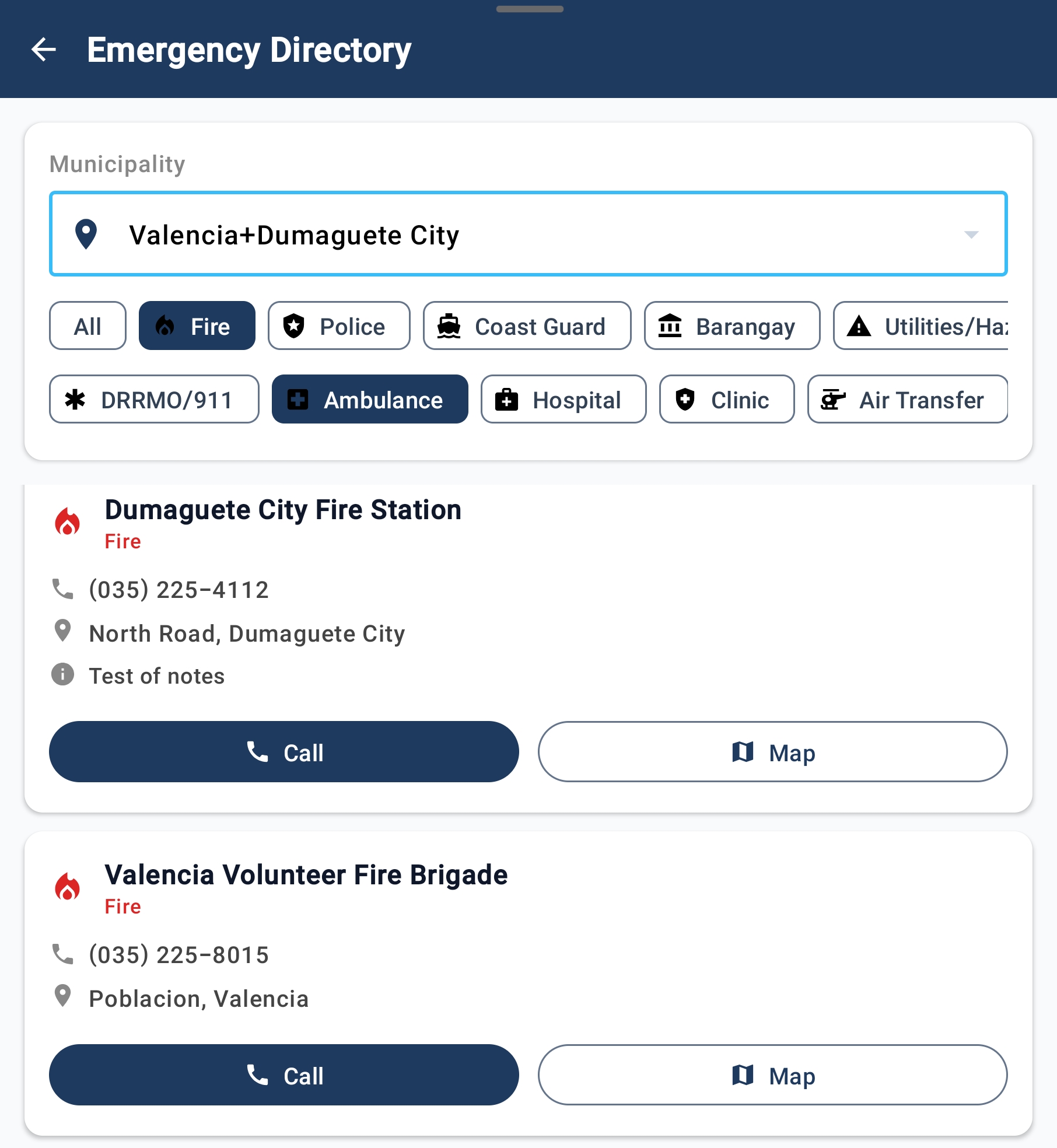 Emergency directory filtered by municipality and service type