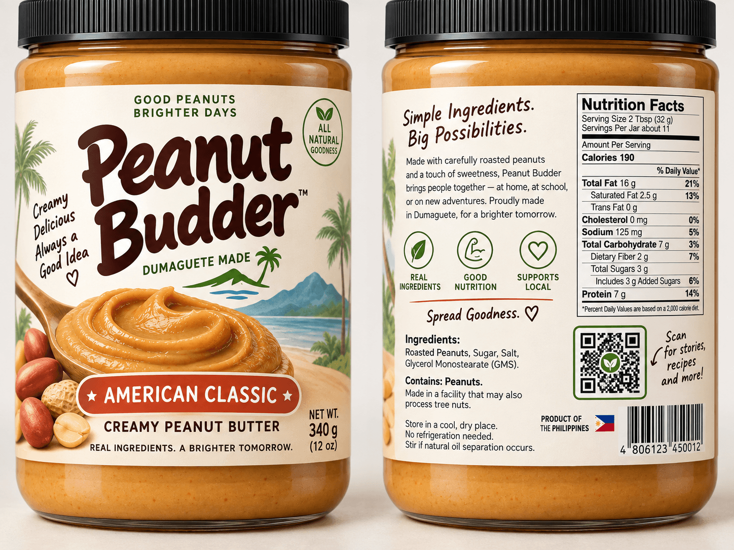American Classic Peanut Budder jar with illustrated cream label and black lid