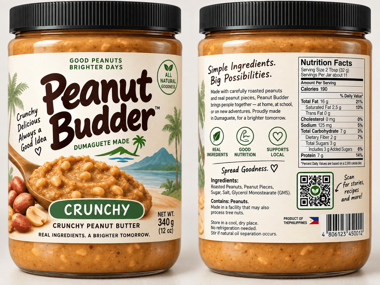 Crunchy Peanut Budder jar with illustrated cream label and black lid