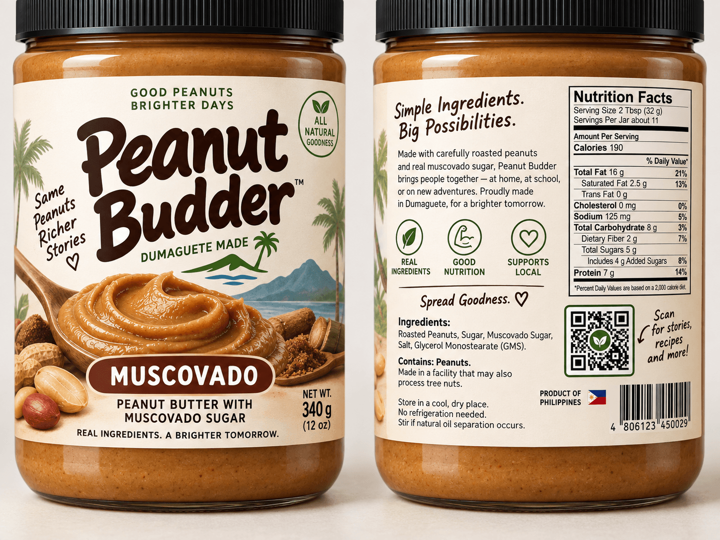 Muscovado Peanut Budder jar with illustrated cream label and black lid